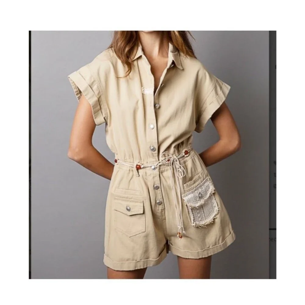 POL romper pol shorts NEW LARGE off white jean romper no belt POL one piece snap